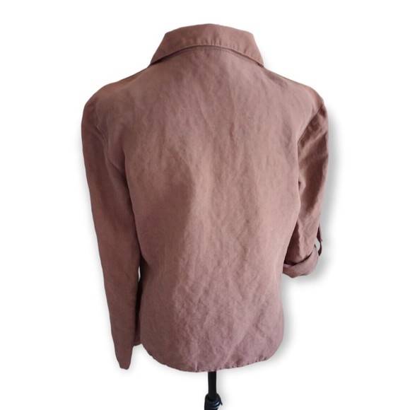 Neiman Marcus Womens Brown Linen Silk Button Down Blouse Camp Shirt Pockets 8 - Picture 2 of 12